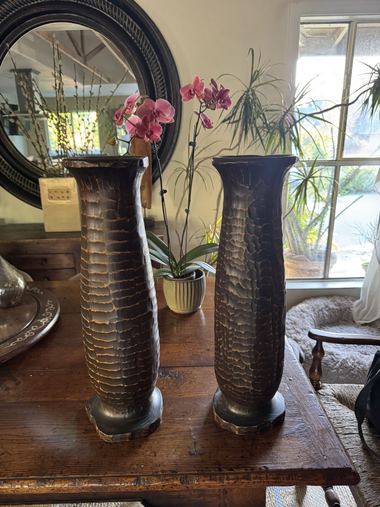 NEW :: Tall Stylish Carved Wood Vases :; Brown ::