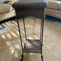 Vintage Wicker & Wrought Iron 2-Shelf Plant Stand/End Table