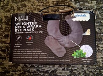 New - Mahli Weighted Neck Wrap & Eye Mask, which features a mint infused sea salt blend for aromatic relaxation.