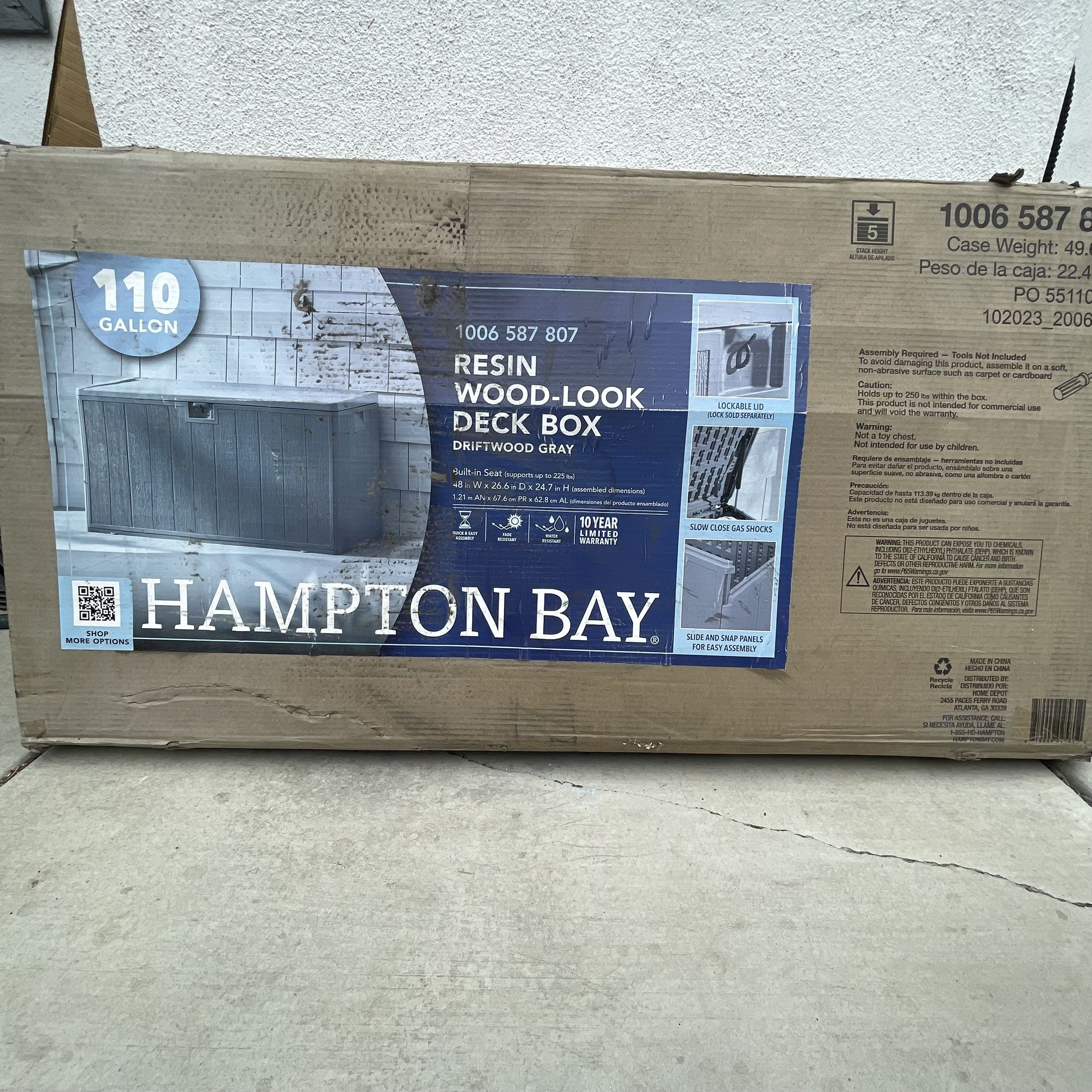 Hampton Bay 110 Gal. Grey Resin Wood Look Outdoor Storage Deck Box with Lockable Lid
