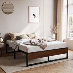 14'' Queen Size Metal Platform Bed Frame with Rustic Wood & Reverse Holes/Ample Under-Bed Storage Space/Mattress Foundation/No Box Spring Ne