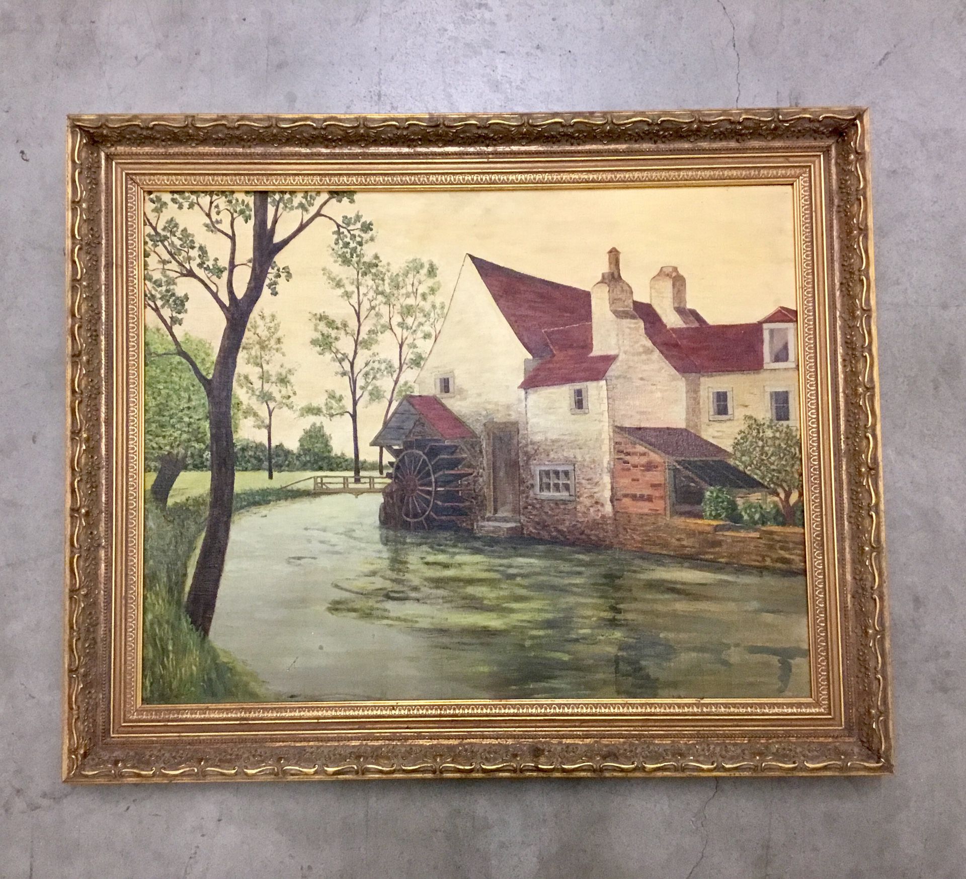 Vintage 1950’s oil painting of countryside mill and river