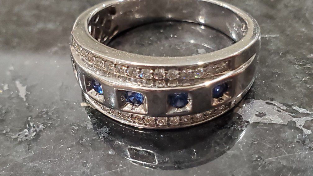 Custom 10k white gold mens diamond and blue sapphire ring size 10