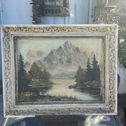 It’s all about perspective; Beautiful Vintage 1930s Cabin Decor Oil Painting w/ Carved Wood Easel: 