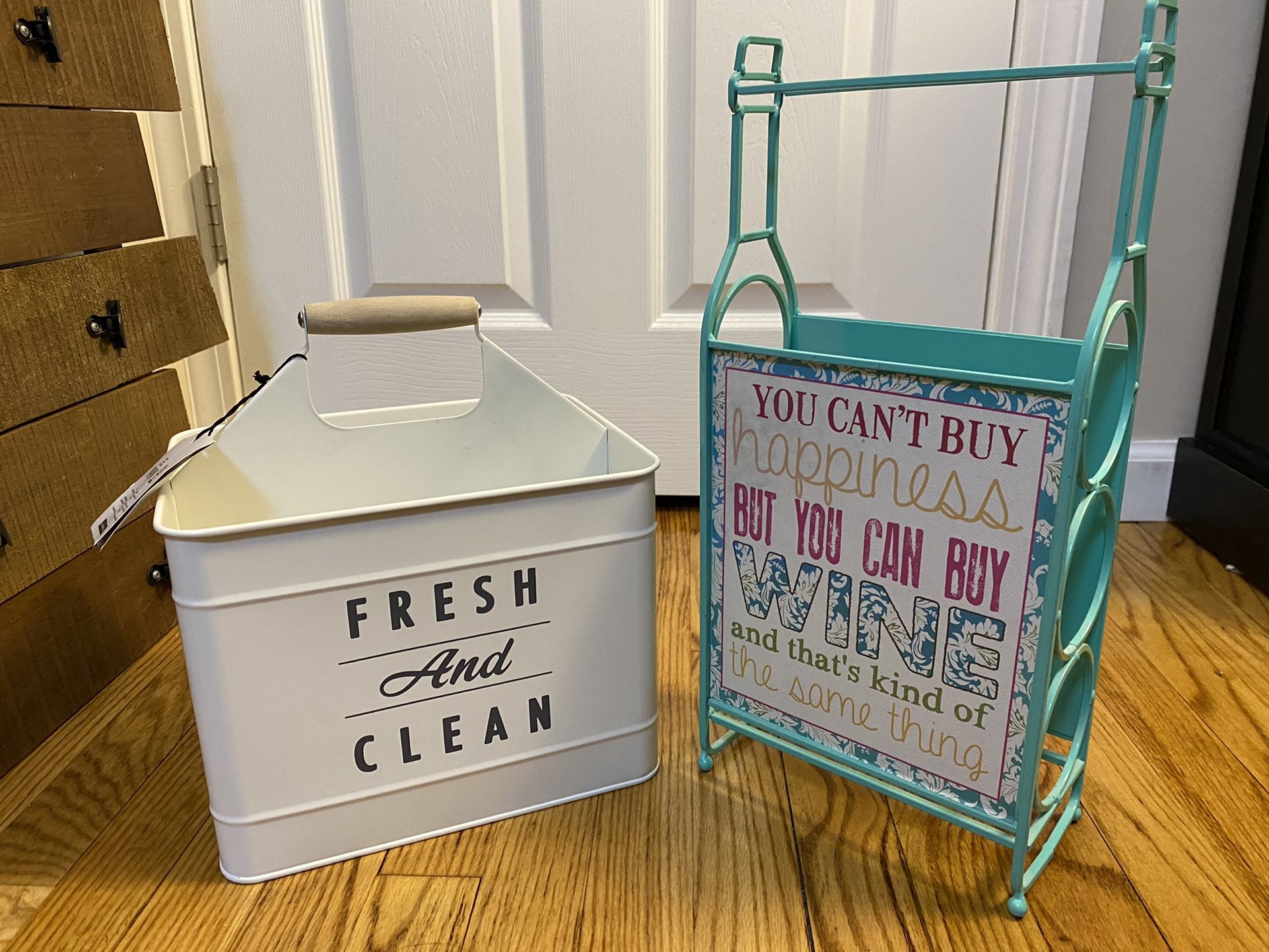 Home decor laundry caddy and 3 bottle wine holder both for $15 new!