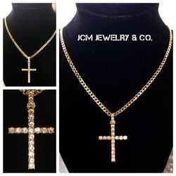 14K Gold Plated Cuban Chain With Diamond Cross Pendant