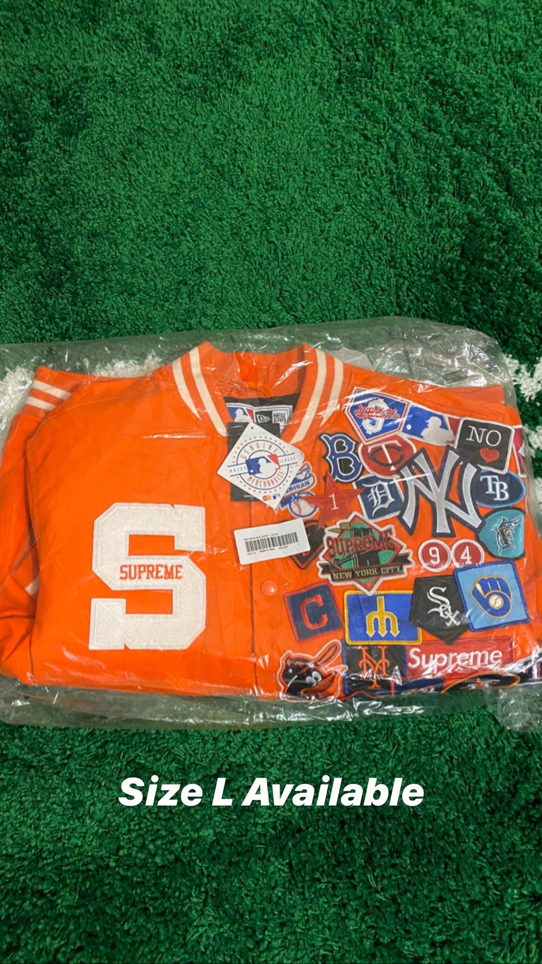 NEW NEW ERA VARSITY JACKET SUPREME ORANGE LIMITED SIZE L COAT