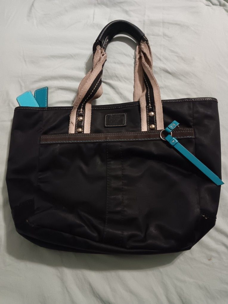 Coach Black & Teal Vinyl Purse With Neutral Brown Handles