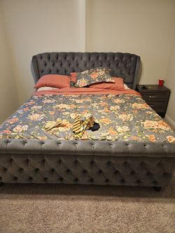 King size bed frame and mattress with winged headboard
