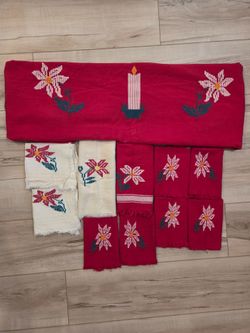 Vintage 1960s Christmas Tablecloth & Napkin Set Red Embroidered & White 11pcs