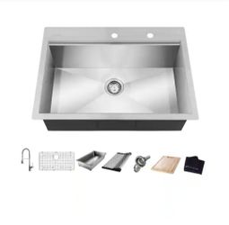 Glacier Bay Zero Radius 30 in. Drop-In Single Bowl 18 Gauge Stainless Steel Workstation Kitchen Sink with Spring Neck Faucet