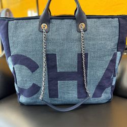 CHANEL Denim Deauville Logo Shopping Chain Tote Large Bag & Card