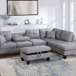 3-Piece Sectional Set 3pc Sectional Sofa W/ Storage Ottoman-Taupe Grey