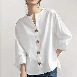 Women'S V-Neck Linen Shirt Top 3/4 Roll-Up Sleeve Summer Casual Loose Solid Blouses Tunic Tops With Button