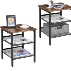VASAGLE Nightstand, Set of 2 Side Tables, End Tables with Adjustable Mesh Shelves, for Living Room, Bedroom, Industrial, Stable Steel Frame, Easy Asse