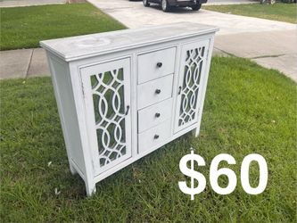 Distressed White 4-Drawer Sideboard with Mirrored Lattice Doors