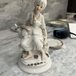 Vintage Figurine Statue Girl W Lamb 