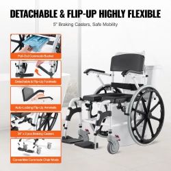 374* Shower Wheelchair, 17.5in Width Aluminum Alloy Bathroom Wheelchair for Inside Shower, Adjustable Rolling Shower Chair w/ Brake for Disabled Adult