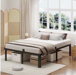 18 Inch Queen Bed Frame with Round Corners No Box Spring Needed 3500lbs Heavy Duty, Under bed storage, 4 mattress stoppers, Headboard holes, Noise-fre