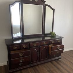 Solid Wood Dresser - 7 Drawers With Middle Sweater Drawer Compartment And A Tri-fold Mounted Mirror
