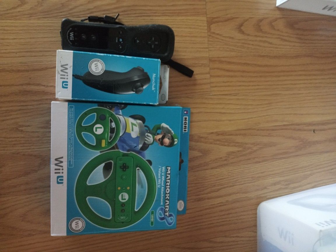 WII U NUMCHUK, CONTROLLER,AND LUIGI'S STEERING WHEEL