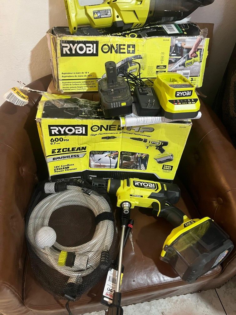 RYOBI ONE+ HP 18V Brushless EZClean 600 PSI 0.7 GPM Cordless Power Scrubber with Cold Water (Tool Only) Combo includes battery charger and a vacuum cl