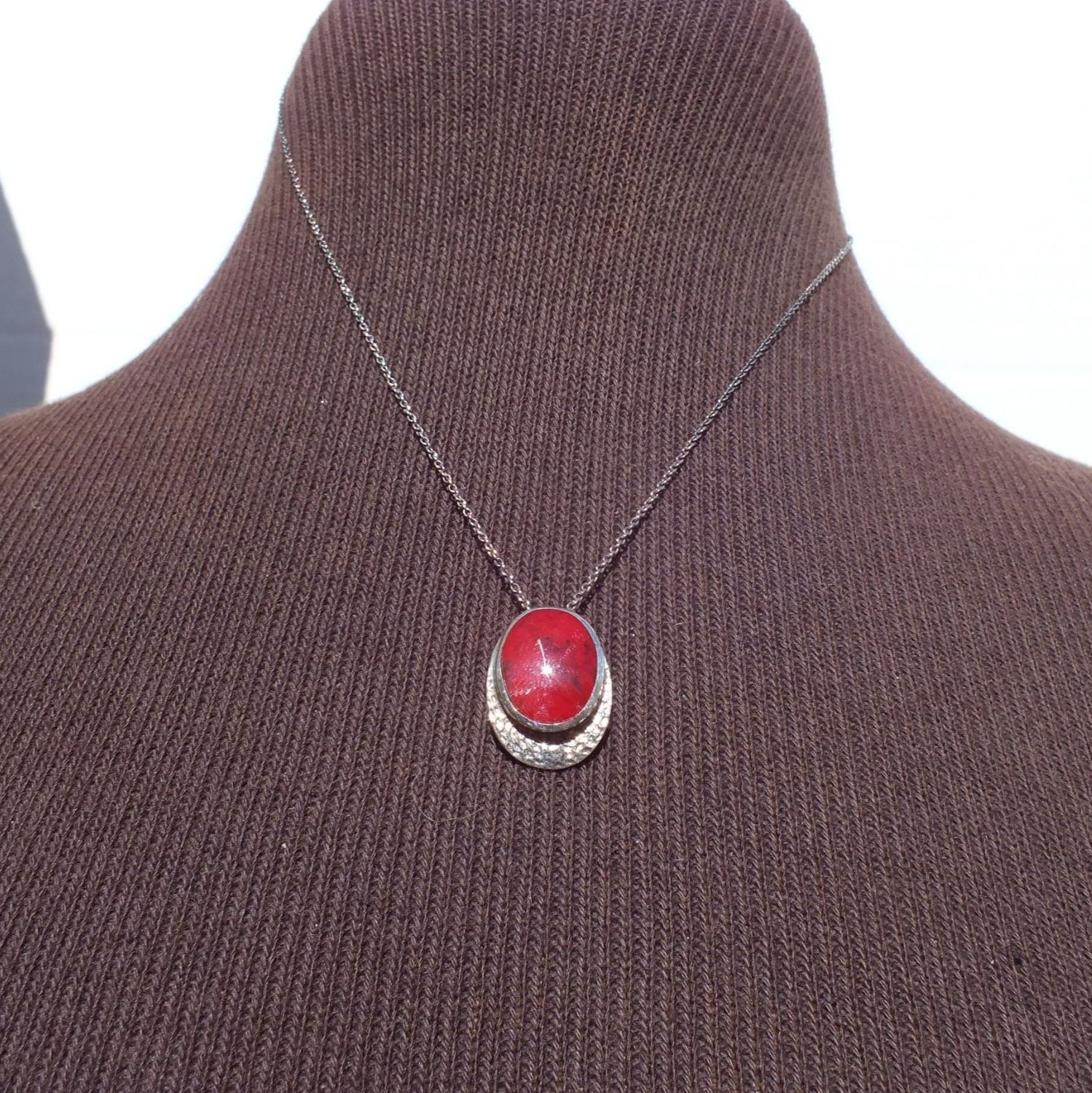 Sterling Silver Choker Oval Cable Vintage Necklace, Red Jasper Silver Pendant