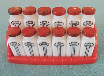Vintage Griffith’s Milk-Glass Spice Jars with Bakelite Rack