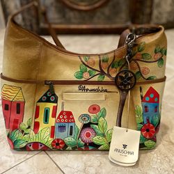 New Anuschka Village of Dreams Tan Hand Painted Leather Bag Crossbody Purse .
