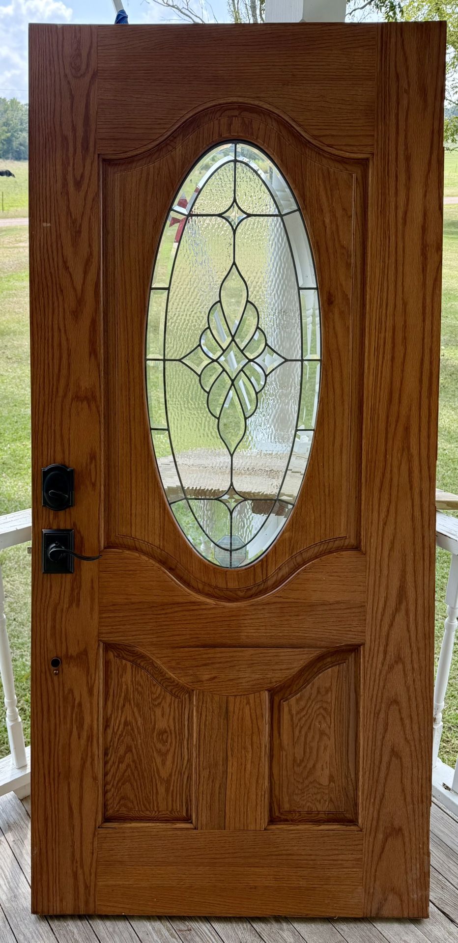Solid Oak Wood Door With Oval Glass & Digital Lock