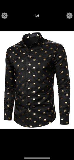 Men’s Large Button Up Fashion Graphic Black And Gold Crown Shirt