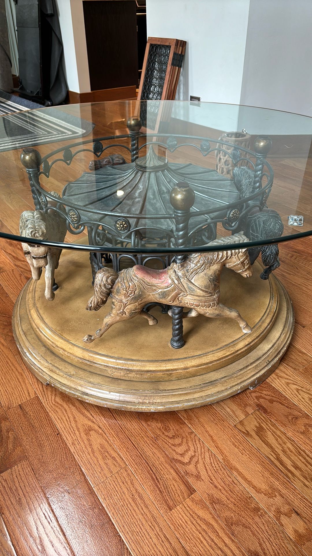 Vintage 4-Horse Carousel Coffee Table With 44" Glass top Diameter