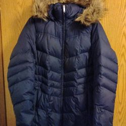 Women's 1x Lands End blue Down parka w/Fur Collar 