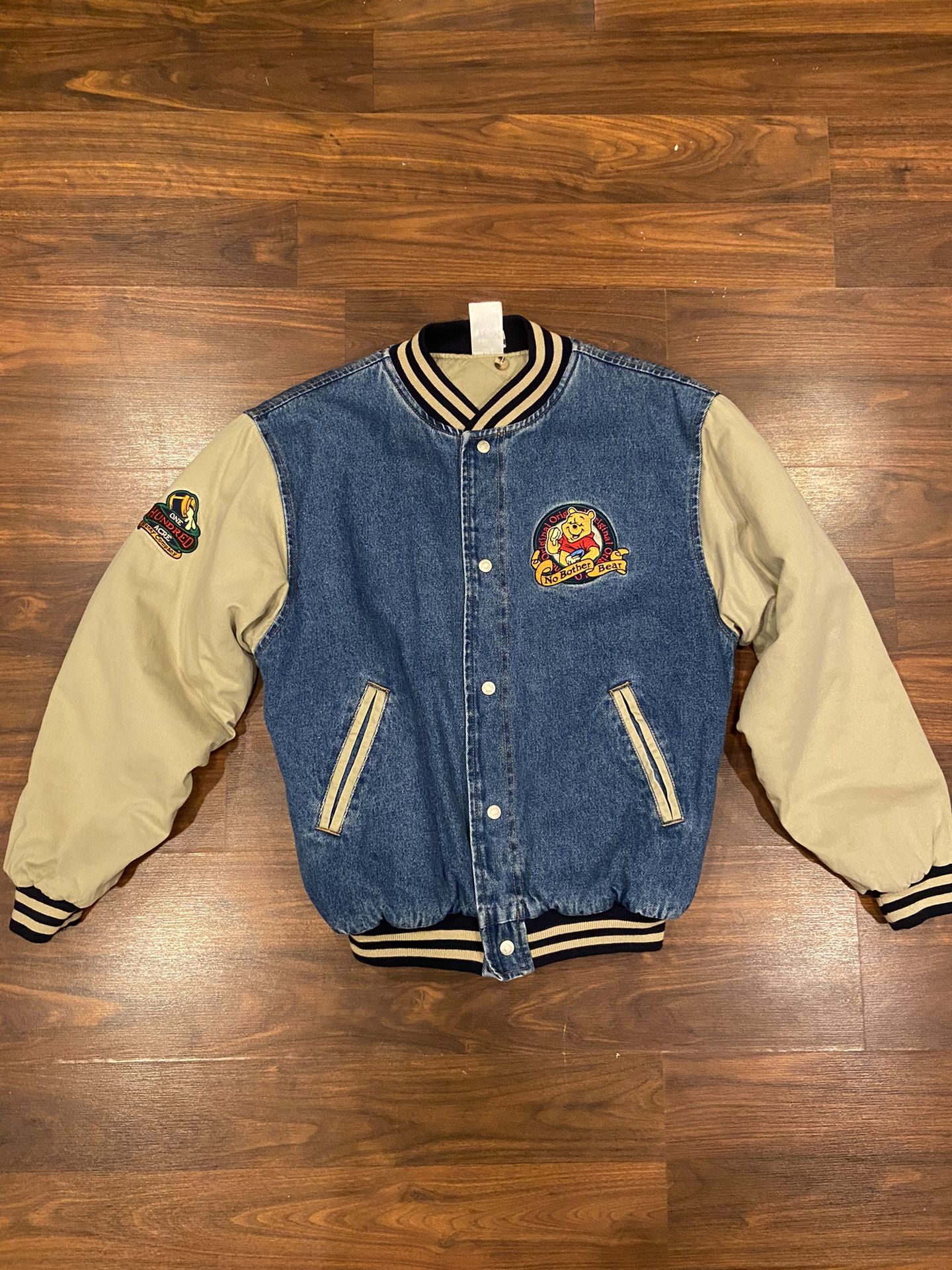 Vtg Disney Store Winnie The Pooh Loyal True 90s Denim Bomber SmallVarsity Jacket