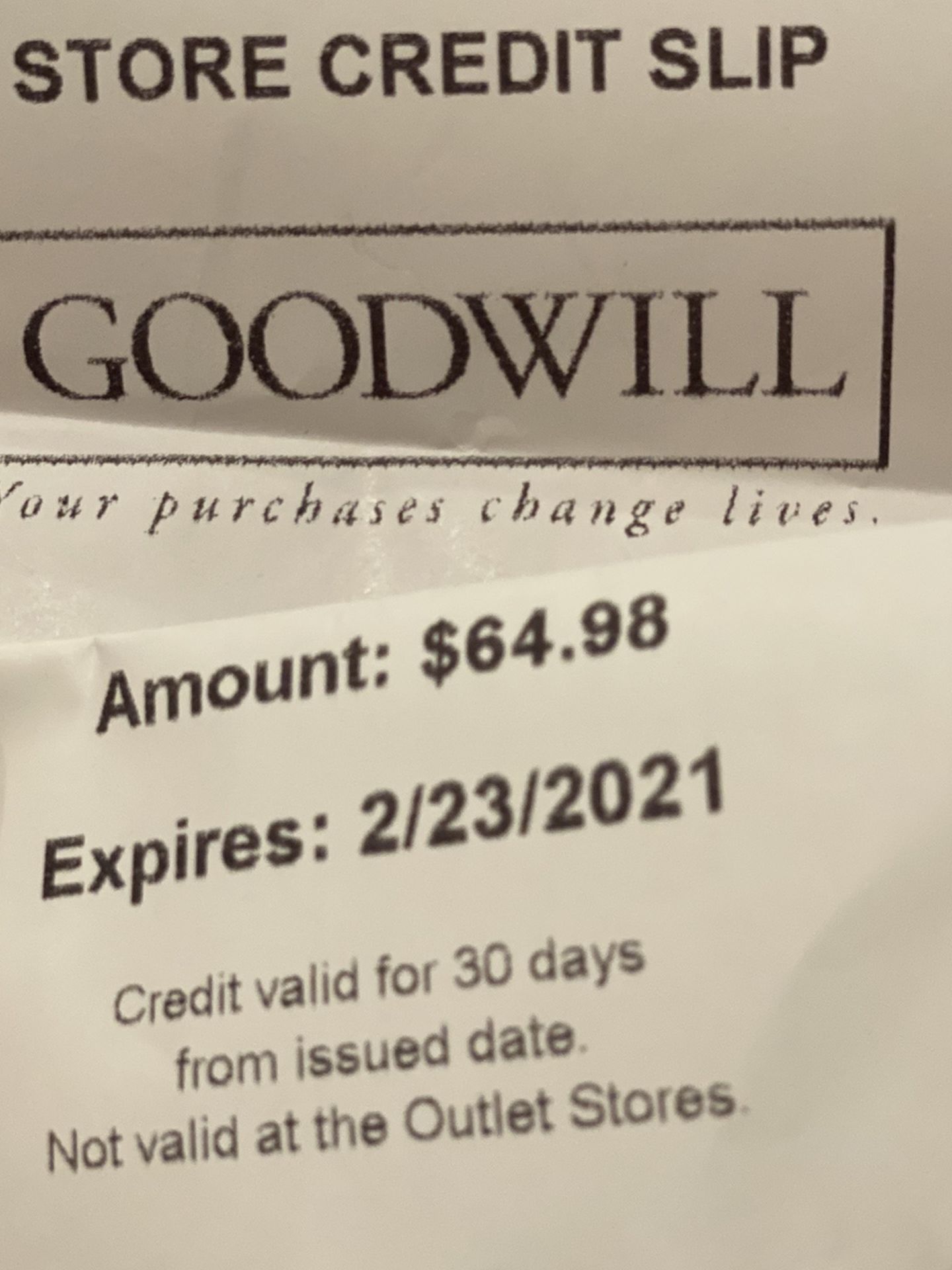 Goodwill Store Credit Good Until 2/23/21