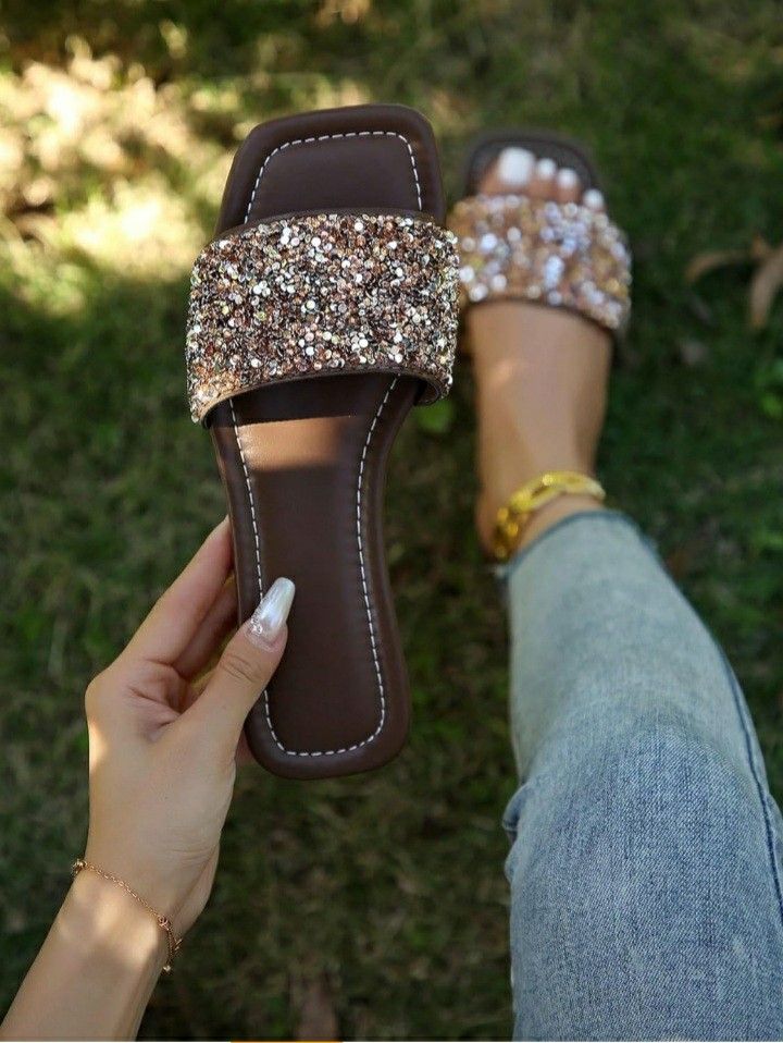 Women's Rhinestone Sandals Glitter Casual Sandal Flats Open Toe Sparkle Slides