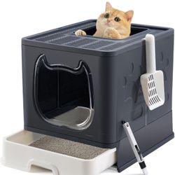 Vealind Foldable Cat Litter Box with Sifting Lid Covered Kitten Litter Box with Kitty Litter Scoop and 2 in 1 Brush, Easy to Clean Litter Pan, Enclose