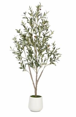 T) Olive Trees Artificial Indoor, 5FT Tall Faux Olive Tree with White Tall Planter, Artificial Plants with Natural Wood Trunk and Lifelike Fruits for