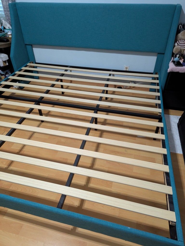 King Size Fabric Bed Frame With Wooden Slats