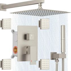 12 Inch Rainfall Shower Faucet with 4 Full Body Shower Jet Fixtures Combo, Wall Mounted Shower System Set with Rain Mixer Shower Head and 2 in 1 Spray