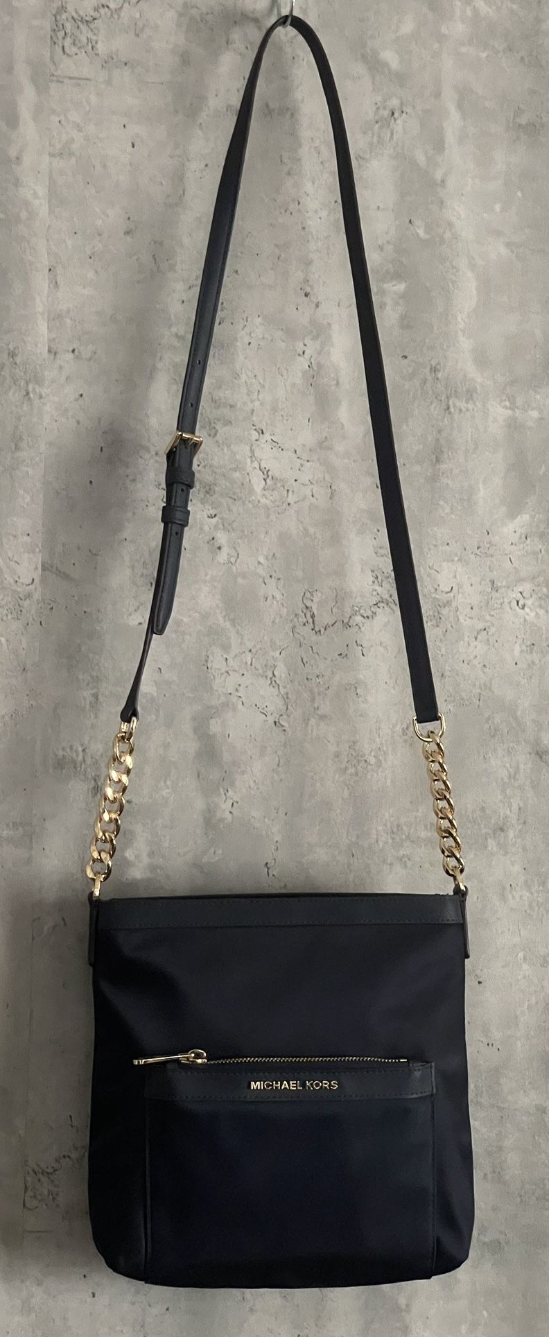 MICHAEL KORS Connie Navy BLUE Gold Chain Leather Nylon Cross Body Shoulder Bag