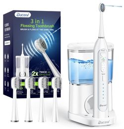 Ducard Electric Toothbrush with Water Flosser Combo in One Professional Flossing Toothbrush,4 Flossing Brush Heads with Covers,White