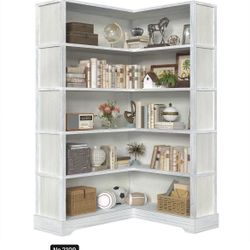 Wood Corner Book Shelf, 5 Tier 65 Inch Tall Bookshelf with Storage, Floor Standing Display Book Shelf for Living Room, Kitchen, Home Office, Antique W