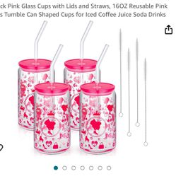 Pink Glass Cups With Lids /Straws /And Brush