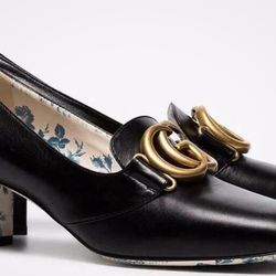 Gucci Victoire 55 Black Leather Double Logo Block Mid Heel Mule Loafer Pump 38.5