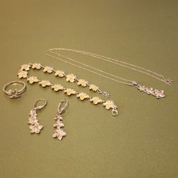 Yellow Gold Jewelry Set Hawaii Plumeria Gold .925 Sterling Silver Necklace Earrings Ring Bracelet