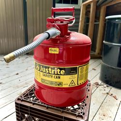 Gas Can Justrite (Gasoline Fuel) AccuFlow 5 Gallon, 11.75" OD x 17.50" H Galvanized Steel Type II Red Safety GasCan With 5/8" Flexible Spout