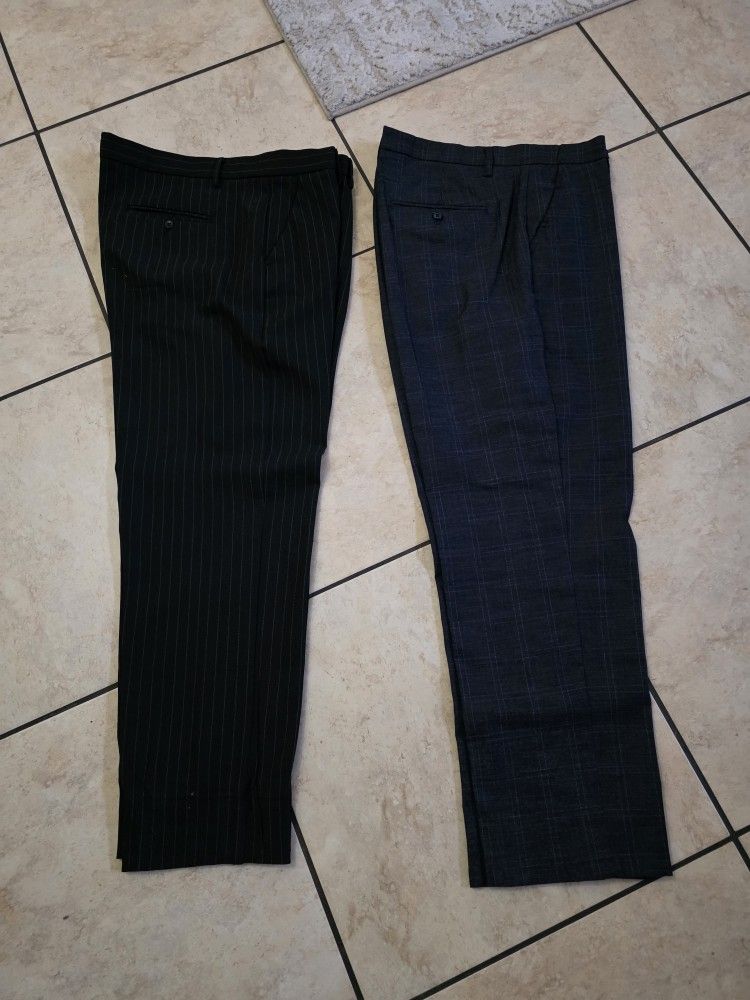 (2) Mens Pants Slacks 40x30 Black Stripe Grey Check