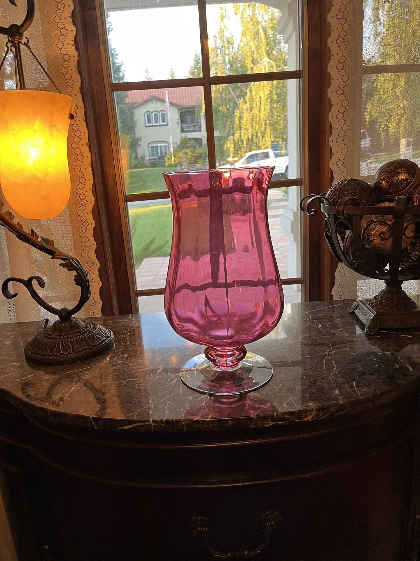 Pink And Clear Vase For Flowers Or Votive Candle Holder At The Bottom