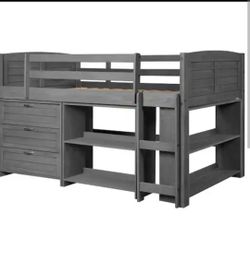 5 piece Twin Gray Wooden Low Loft Bed with Storage